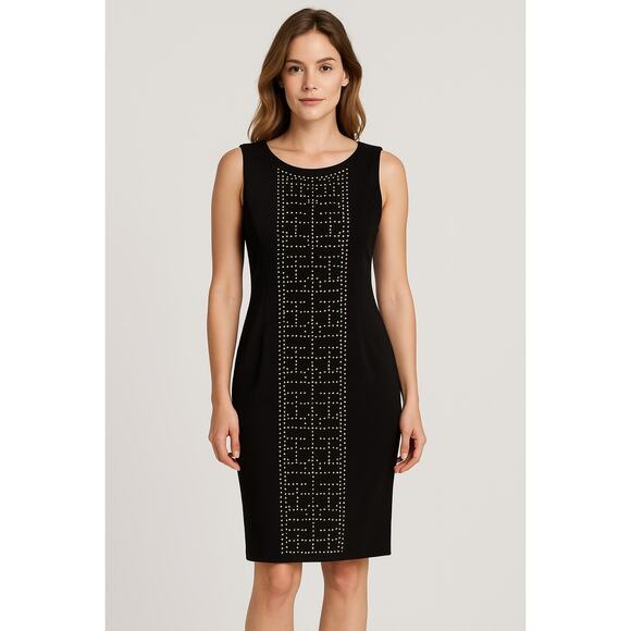 Karl Lagerfeld Paris Black Gold Studded Sleeveless Sheath Dress Career Sz 16 - Picture 1 of 9